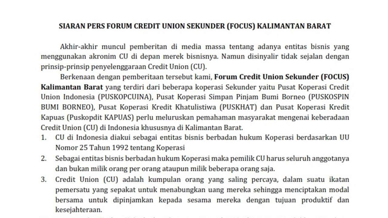 Siaran Pers Forum Credit Union Sekunder (FOCUS) Kalimantan Barat